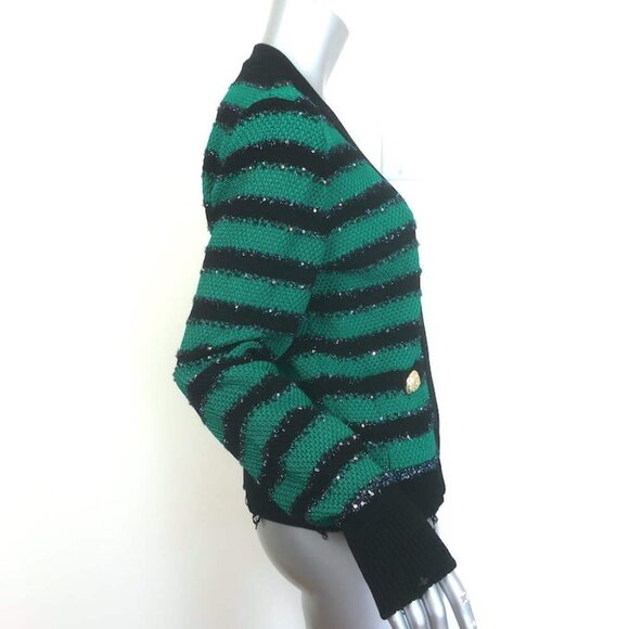 Balmain Sequin-Embellished Striped Distressed Knit Cardigan Green/Black Size 42 - Picture 6 of 9